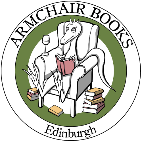Logo for Armchair Books Edinburgh featuring a dinosaur reading in a chair