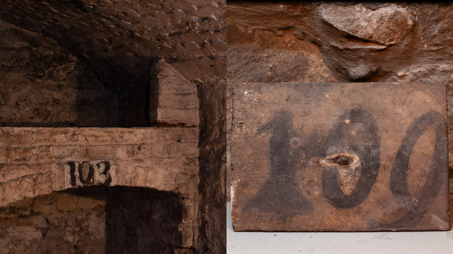 An underground storage vault labelled 103 on the left, and an artefact of a label plaque with the number 109 on the right, both in similar fonts.