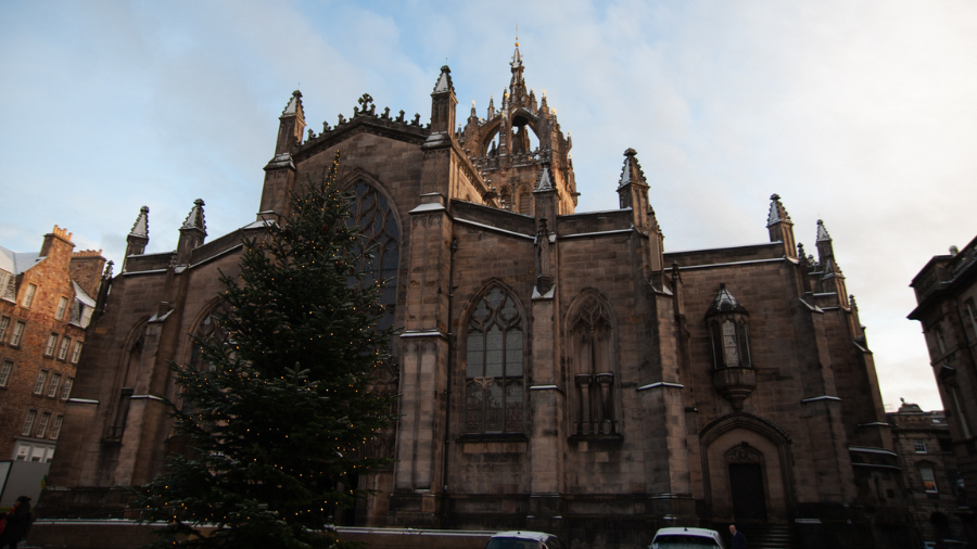 A Christmas tree in front of St Giles Cathedral in Edinburgh.