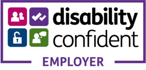 Logo for Disability Confidence Employer, featuring 4 icons and black and purple text