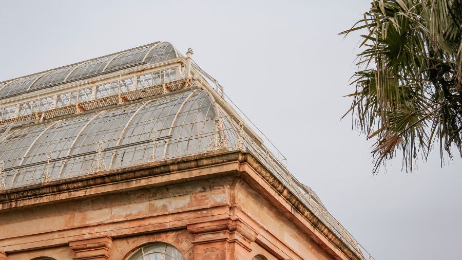The upper corner and roof of the Palm House at the Royal Botanic Gardens Edinburgh, a Victorian glasshouse structure.