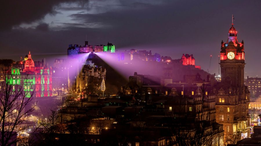 Edinburgh Castle at night, seen from Calton Hill, lit up for the Castle of Light event in Edinburgh. 