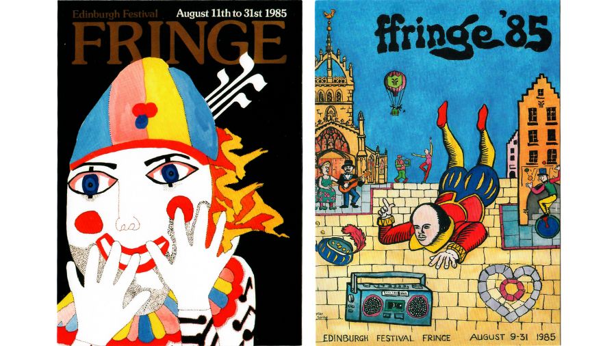  Two Edinburgh Festival Fringe posters from 1985: a clown drawn by a child, and a breakdancing Shakespeare surrounded by Edinburgh landmarks like St Giles’ Cathedral and the Heart of Midlothian. 