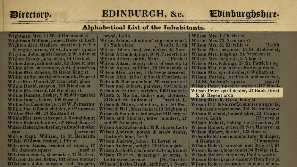 A street directory of Edinburgh businesses from the 1930s, highlighted to show a Wilson Peter, spirit dealer