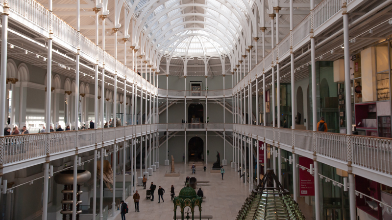 The inside of the National Museum of Scotland main hall.
