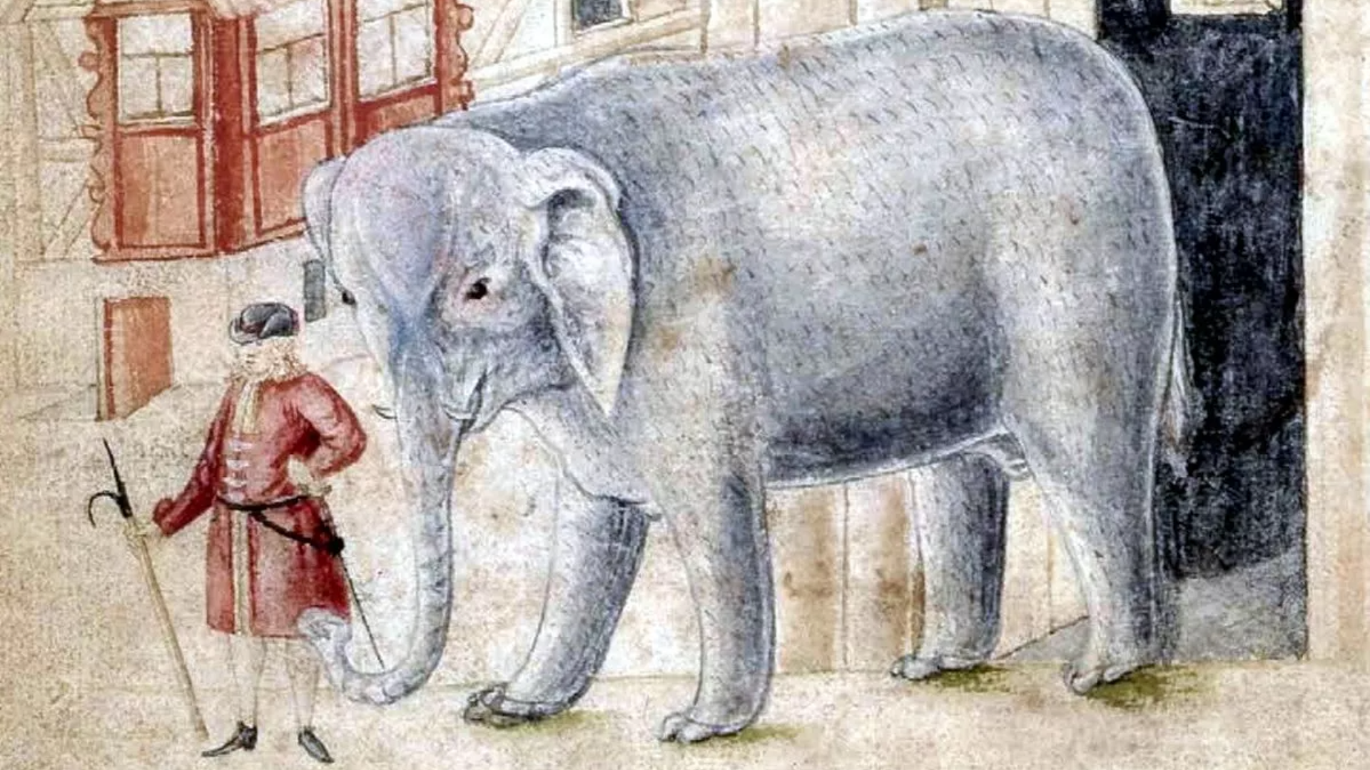 A drawing of an elephant, a statue of Greyfriars Bobby, and a statue of a man with a dog at his feet. 