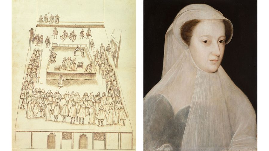A drawing depicting the execution of Mary Queen of Scots and a portrait of the queen wearing a white veil.