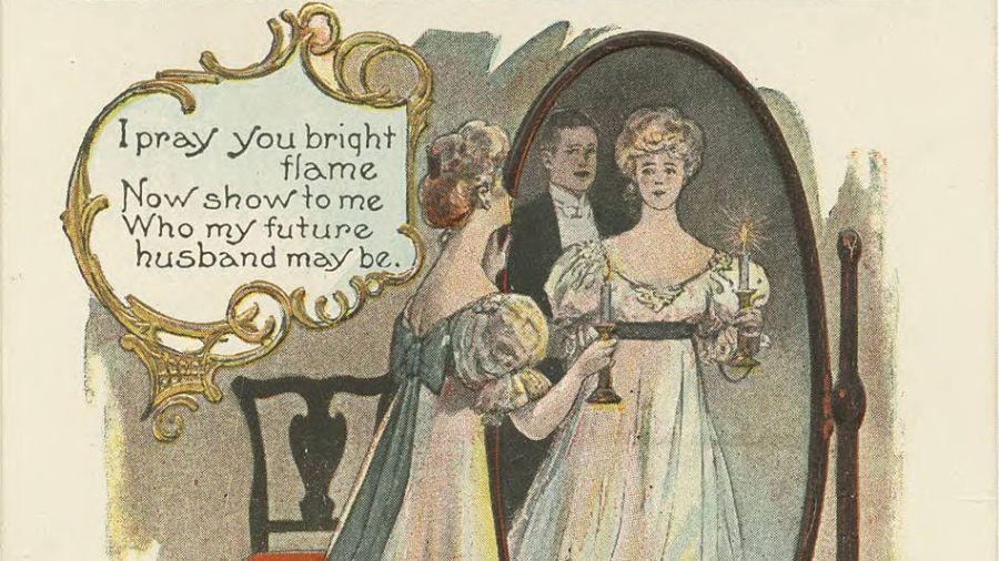 A 1907 Halloween postcard depicting a woman looking into a mirror while holding a candle. Text reads ‘I pray you bright flame/Now show to me/Who my future/husband may be.’