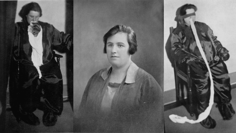 A black and white portrait photograph of Helen Duncan, flanked by two photos of her during a seance in the 1920s.