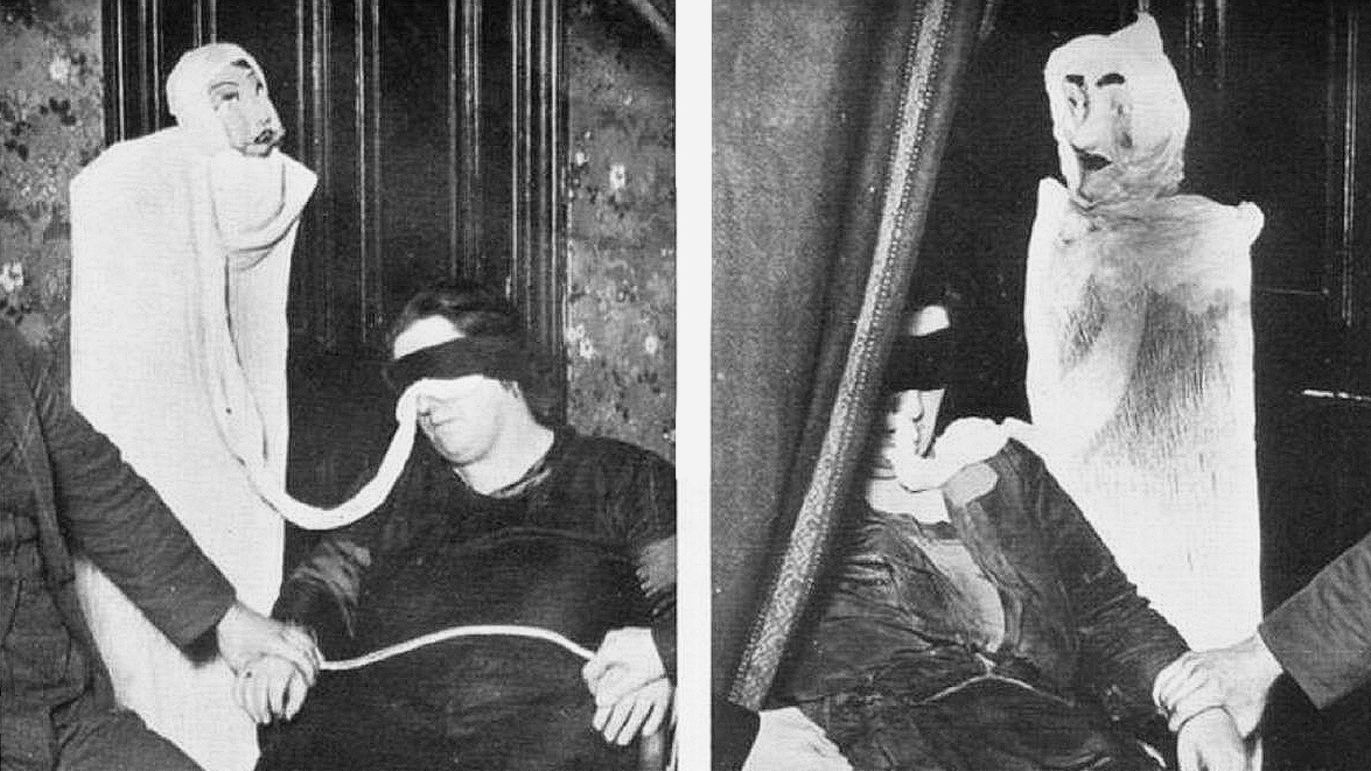Two black and white photos of Helen Duncan, dressed in black, blindfolded, a man holding her hand, and a doll-like apparition over her shoulder.