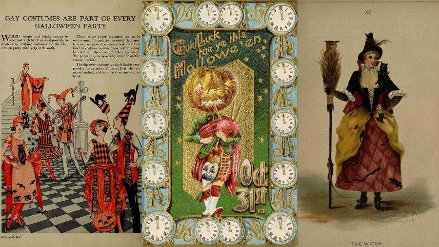 3 different images of Halloween fancy dress costumes: a page from a 1920s book describing the different costumes you can easily make yourself, an early 1900s postcard of a bagpiper with a pumpkin head, an 1880s fashion plate of a woman dressed as a witch.
