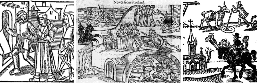 Three black and white woodcuts from the Scottish Witch Trials, depicting people consulting with the devil, being taken to jail, stirring cauldrons and creating storms.