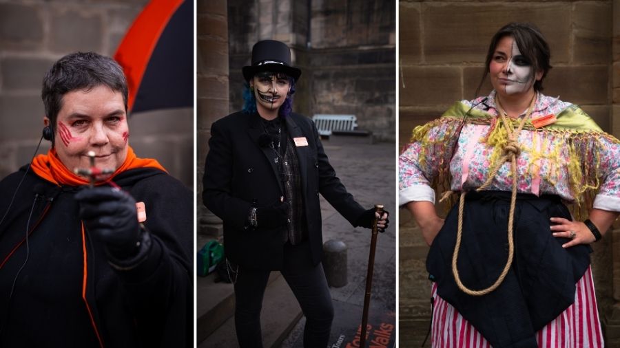 Three Mercat Storytellers dressed in Halloween costumes including a demon, Dr Jekyll and Mr Hyde, and Maggie Dickson.