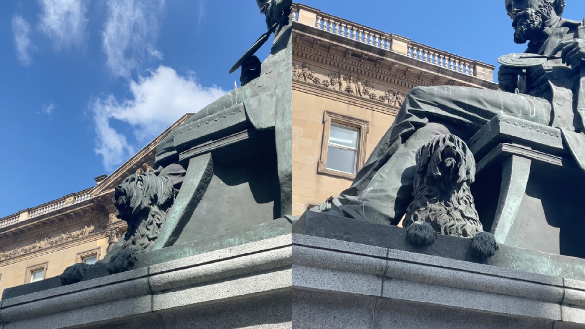 Two photos of a statue of a man with an Irish terrier at his feet. 