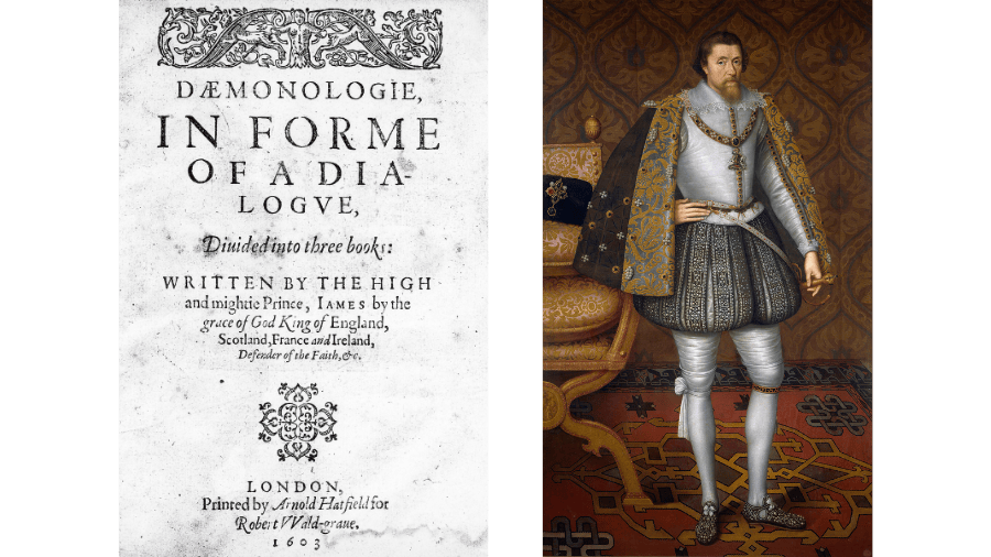 The title page of a 1603 printing of Daemonologie and a portrait of King James VI and I.