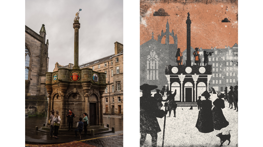 The Edinburgh Mercat Cross in both a modern-day photograph and an illustration depicting it in the 18th century. 