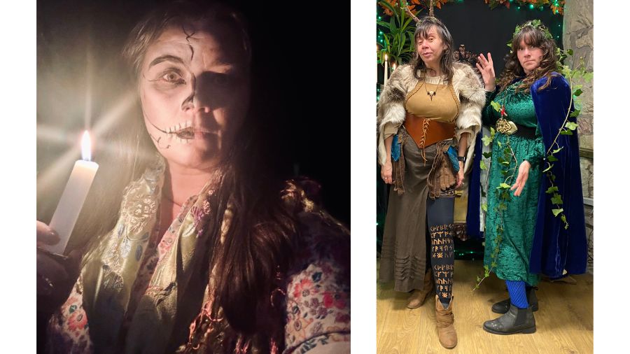 (left) a woman holds a lit candle up to one side of her face, which is painted like a skeleton; (right) two women pose in Pagan, nature-based costumes.