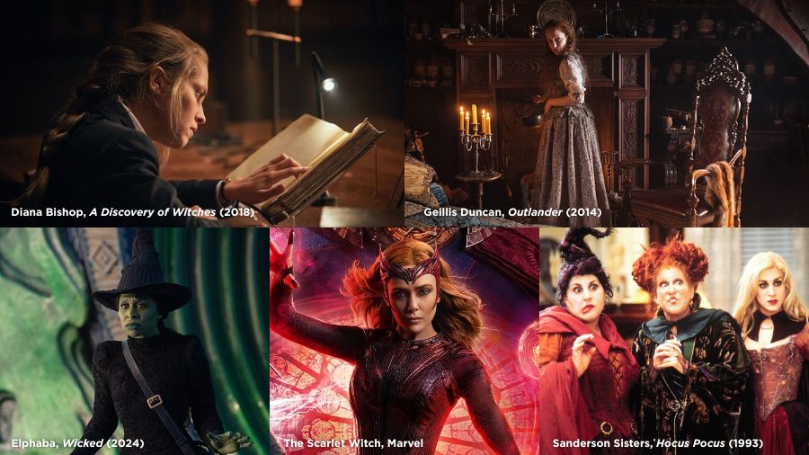 Five frames from film and TV showing different depictions of witches: Diana Bishop reading a book in A Discovery of Witches (2018), Geillis Duncan standing in front of a fireplace in Outlander (2014), Elphaba in Wicked (2024), The Scarlet Witch on a Marvel poster, the Sanderson Sisters lined up in Hocus Pocus (1993).