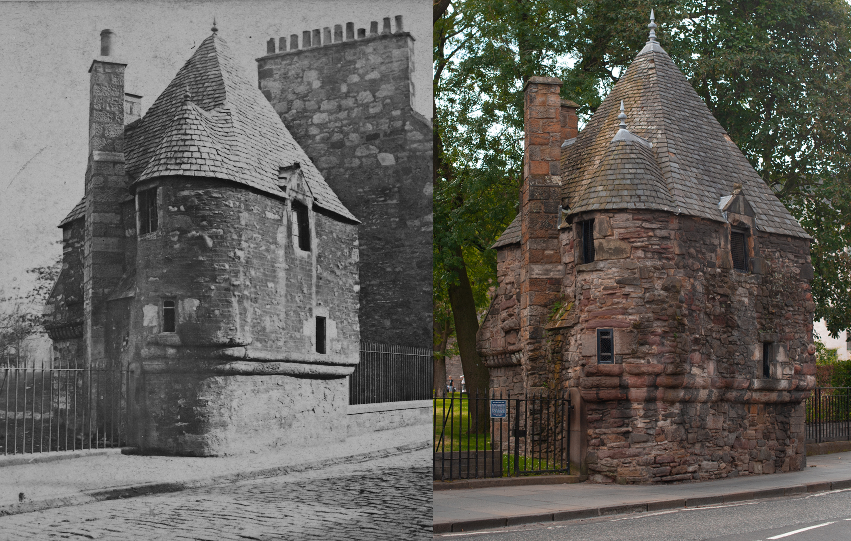 Queen Mary's Bath House near Holyrood Palace in 1860s versus today