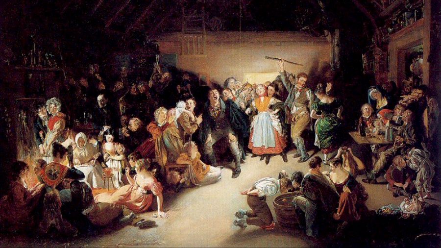 An 1833 painting (Snap-Apple Night by Daniel Maclise) depicting a party where guests take part in Celtic Samhain traditions, like bobbing for apples and throwing nuts into a fire.