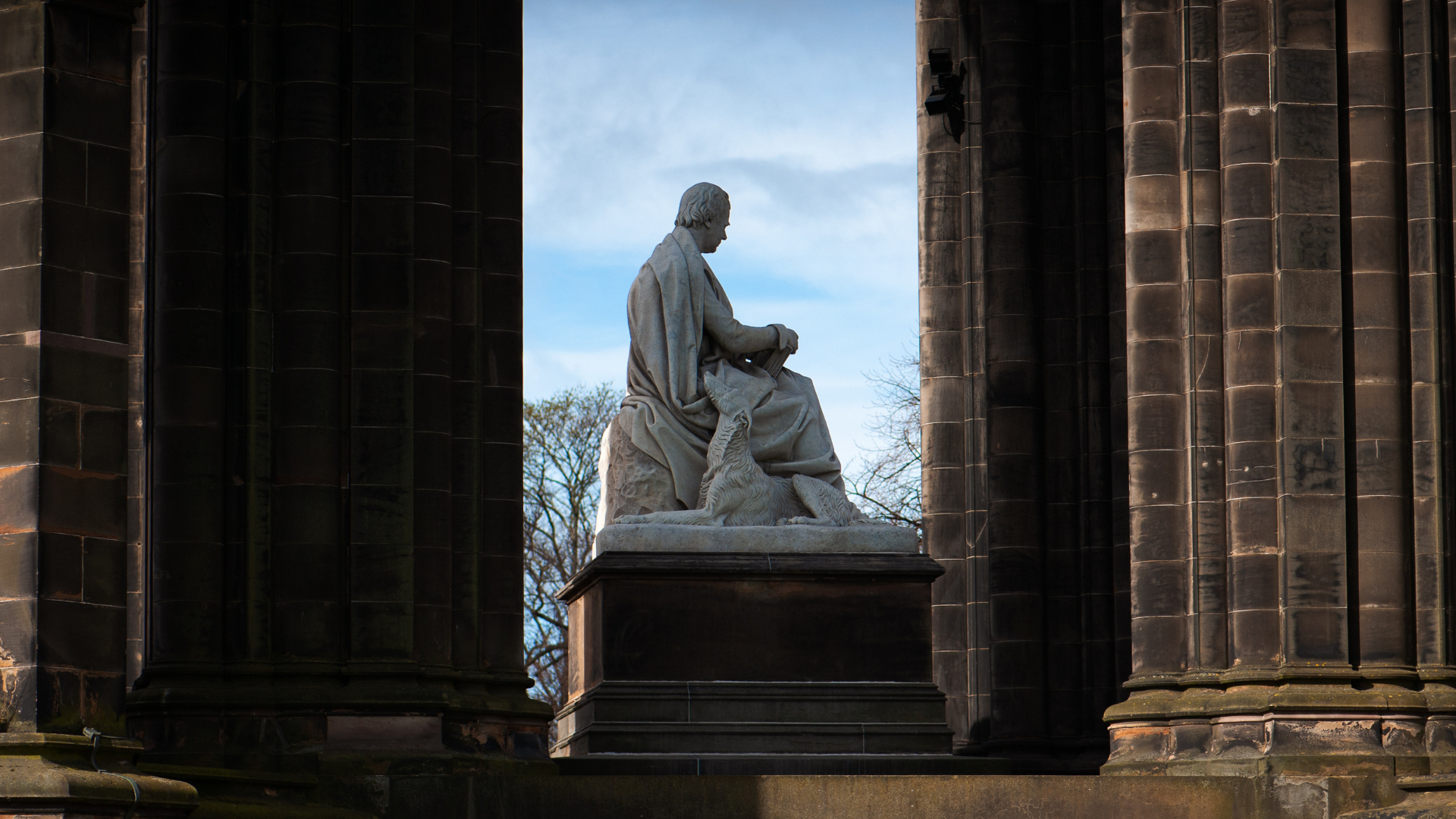 The inside of the Scott Monument, showing Walter Scott and his dog Maida.