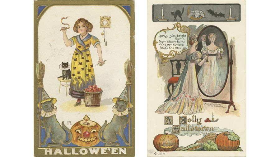 Two early 20th-century postcards depicting ways to predict the future at Halloween: a young girl throws an apple peel on the ground, and a woman holds a lit candle up to a mirror.