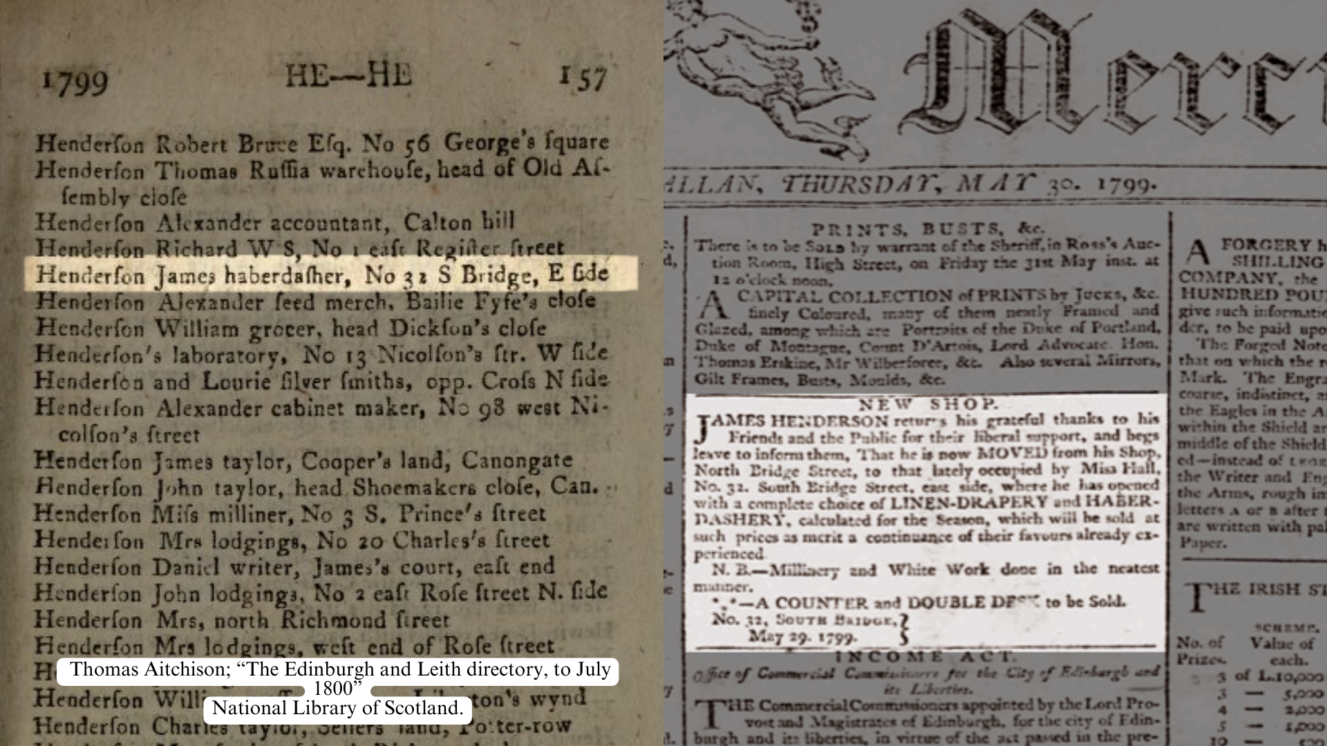 Two archive clippings: on the left page 157 from a street directory with the entry Henderson James haberdasher, No 32 S. Bridge. E. side highlighted and the text ‘Thomas Aitchison; “The Edinburgh and Leith directory, to July 1800” National Library of Scotland’ at the bottom; and a page from the Caledonia Mercury from 30 May 1799 with a New Shop entry highlighted stating James Henderson has moved shop to South Bridge.