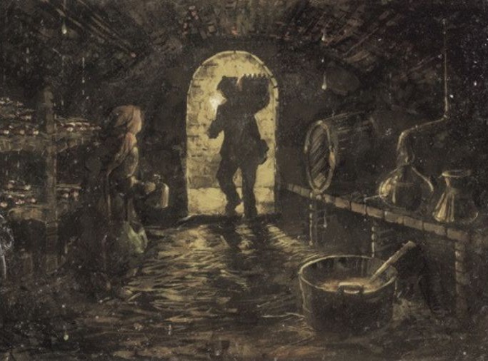 An illustration of a pair of people in an illegal whisky still in the Edinburgh vaults.