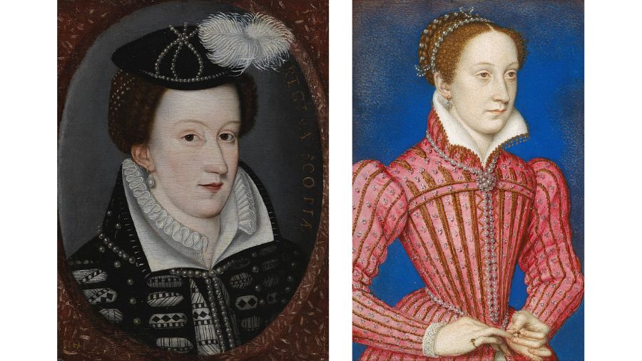Two painted portraits of Mary, Queen of Scots. The left shows her in a black ensemble with a black hat while in the right she wears a red dress embellished with pearls.