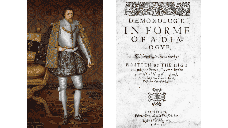 A portrait of King James VI and the title page of his book Daemonologie from 1603.